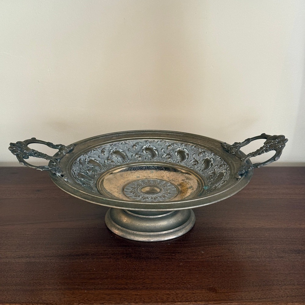 Vintage Ornate Footed Centerpiece Bowl Silver Tone Grape Handle Pedestal Dish